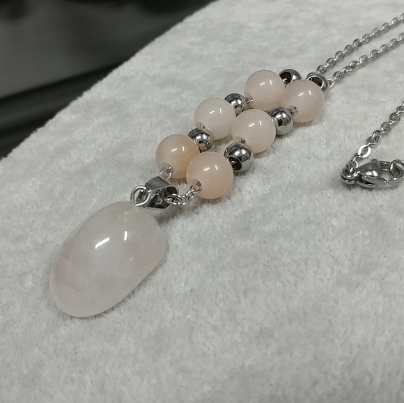 Peach Aventurine Rose Quartz Necklace Natural Gemstone Pendant Stainless-Steel - Picture 9 of 15